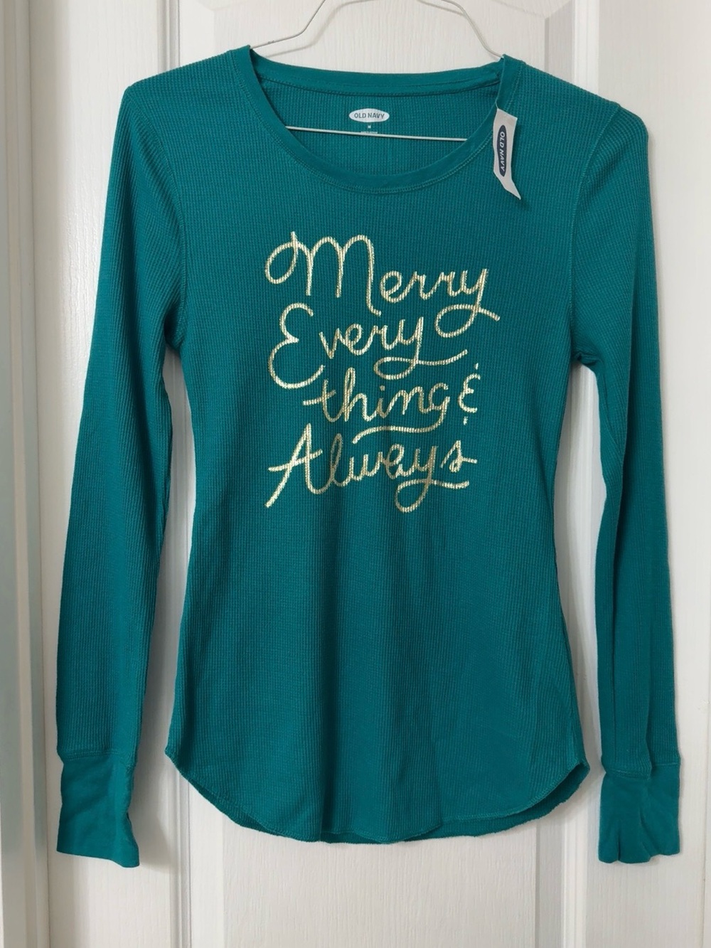Old Navy teal waffle long sleeve sleep tee gold MERRY EVERYTHING & ALWAYS Size M